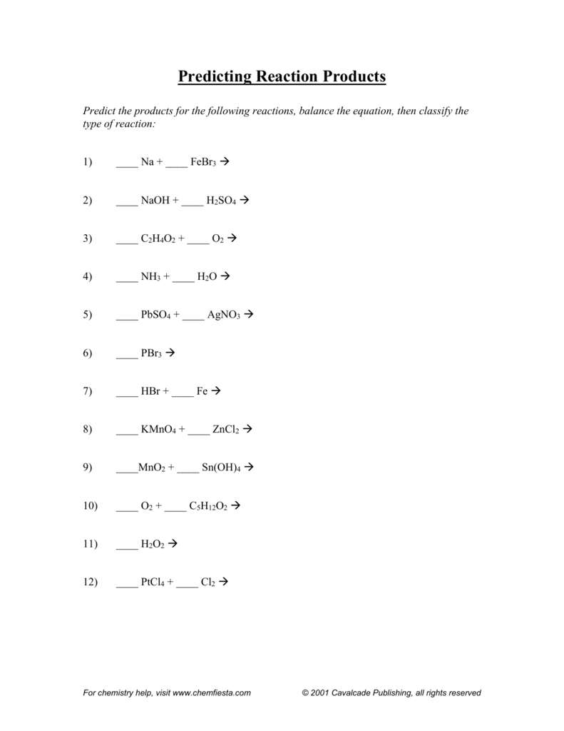 Predicting Reaction Products Worksheet And Predicting Products Of Chemical Reactions Worksheet