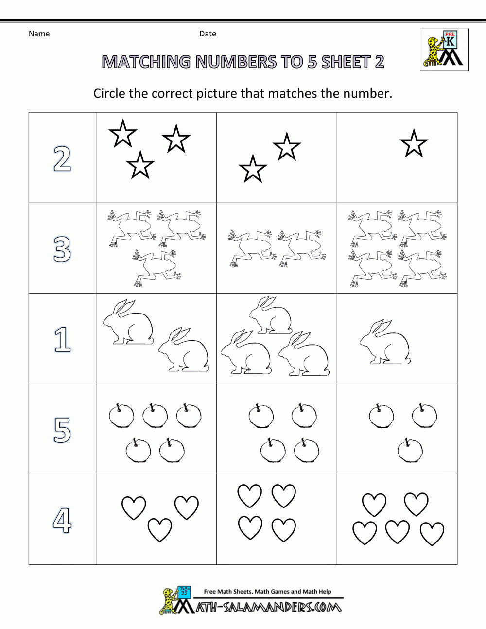 Preschool Math Worksheets  Matching To 5 Regarding Preschool Number Worksheets