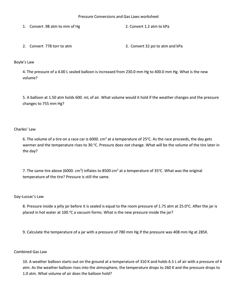 Pressure Conversions And Gas Laws Worksheet Convert 98 Atm To Also Pressure Conversion Worksheet