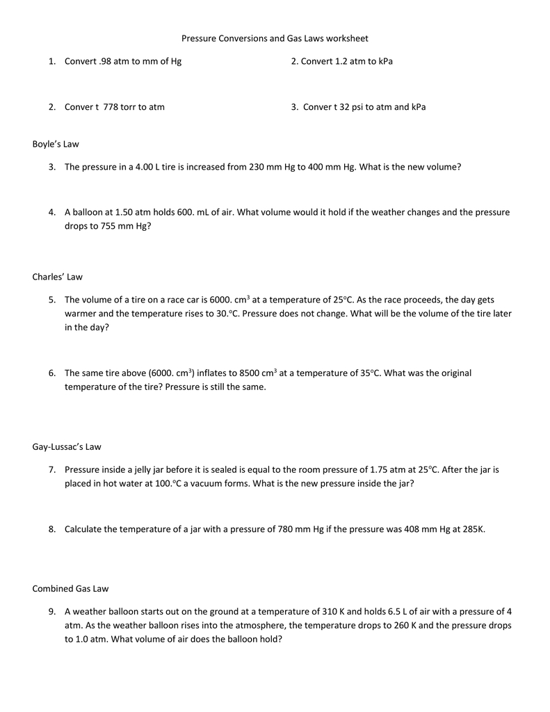 Pressure Conversions And Gas Laws Worksheet Convert 98 Atm To Or Pressure Conversion Worksheet