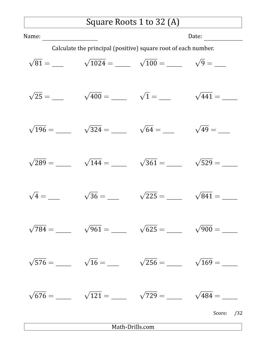 Principal Square Roots 1 To 32 A With Estimating Square Roots Worksheet