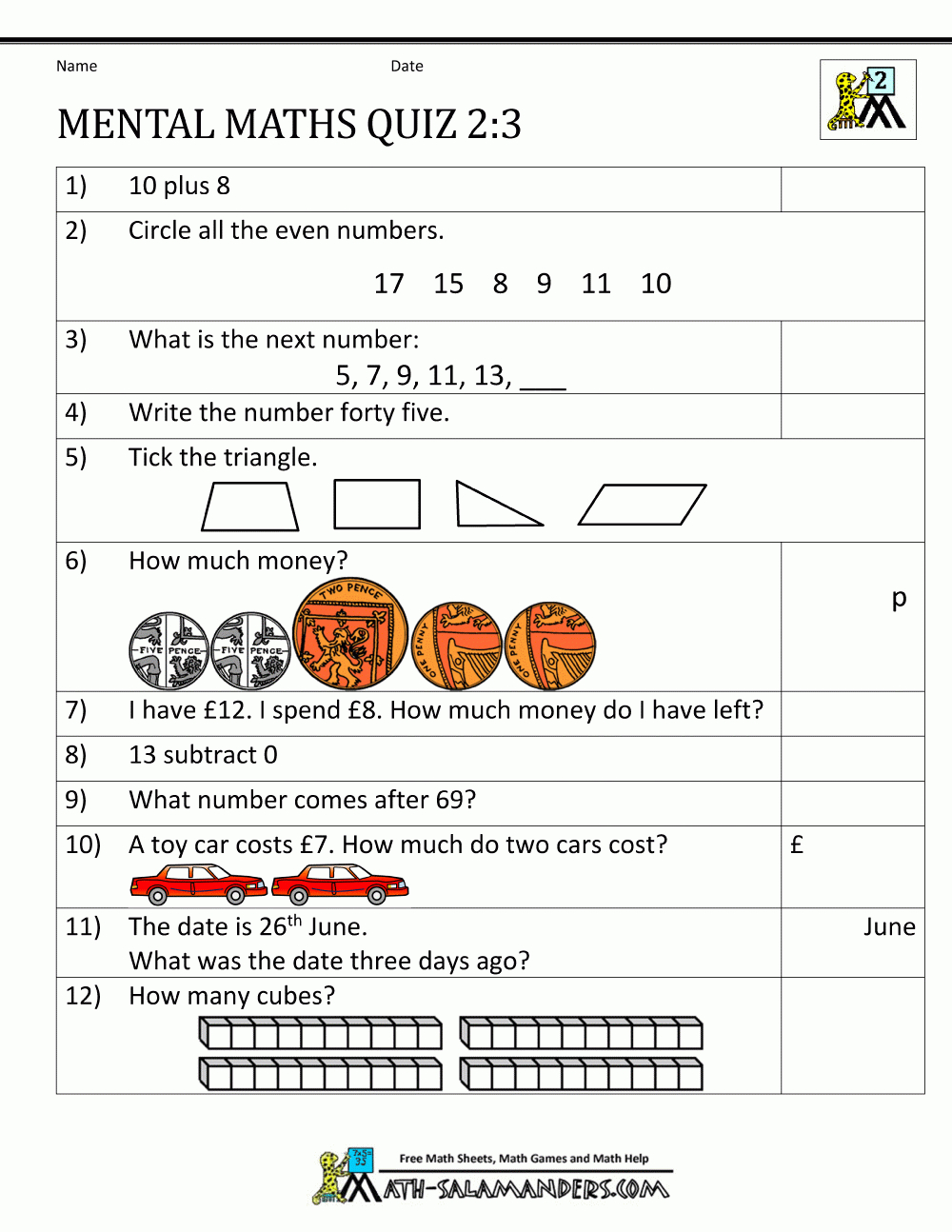 Printable Mental Maths Year 2 Worksheets Regarding Math Assessment Worksheets
