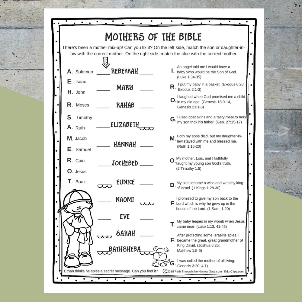 Printable Mothers Of The Bible Worksheet  Path Through The Narrow Gate And Bible Printable Worksheets