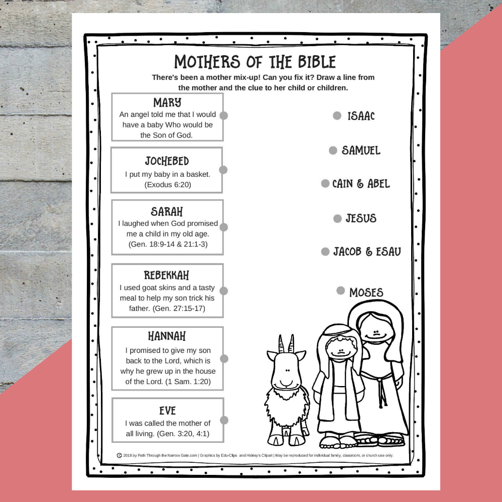 Printable Mothers Of The Bible Worksheet  Path Through The Narrow Gate For Free Bible Worksheets For Kids