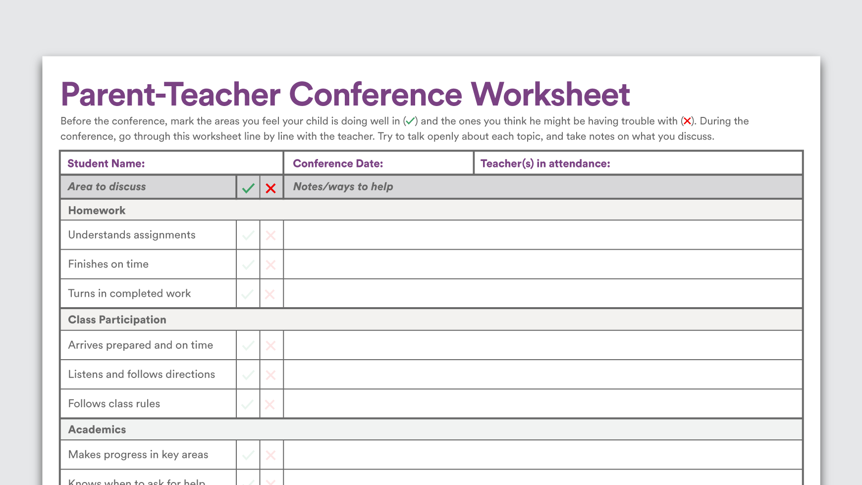 Printable Parentteacher Conference Worksheet In Parenting Skills Worksheets