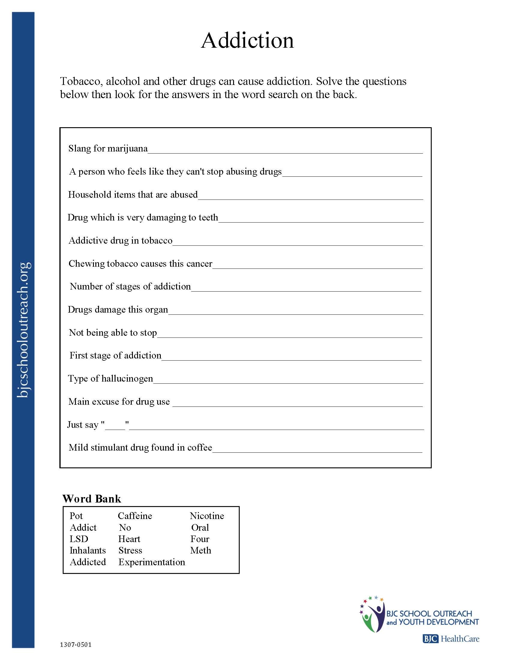Printable Worksheets For Effects Of Alcohol Worksheet
