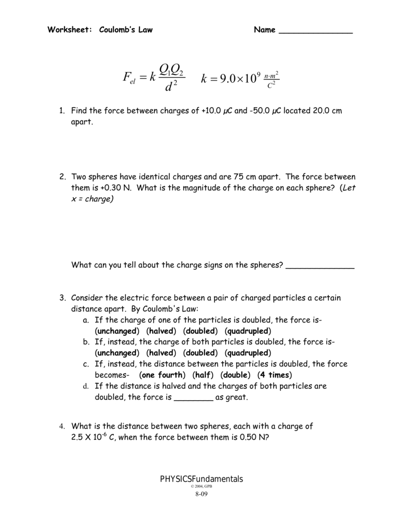 Printables Of Coulomb S Law Worksheet Answers 15 2  Geotwitter Kids Inside Coulomb039S Law Worksheet Answers Physics Classroom