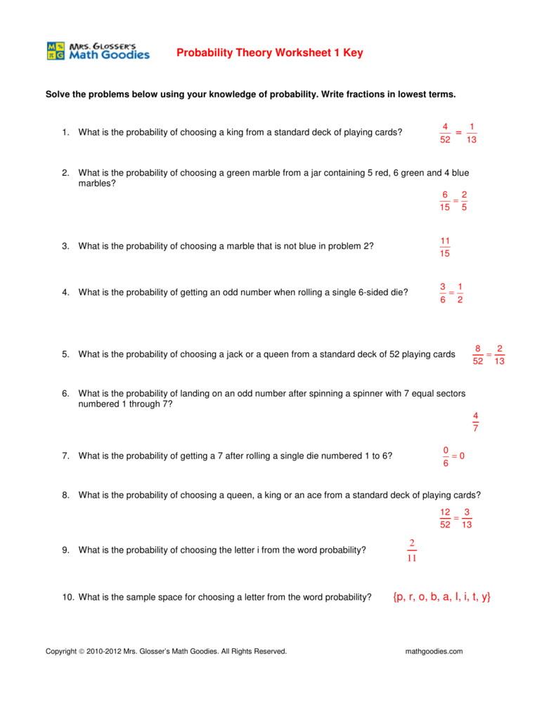 Probability Theory Worksheet 1 Key As Well As Probability Worksheets With Answers