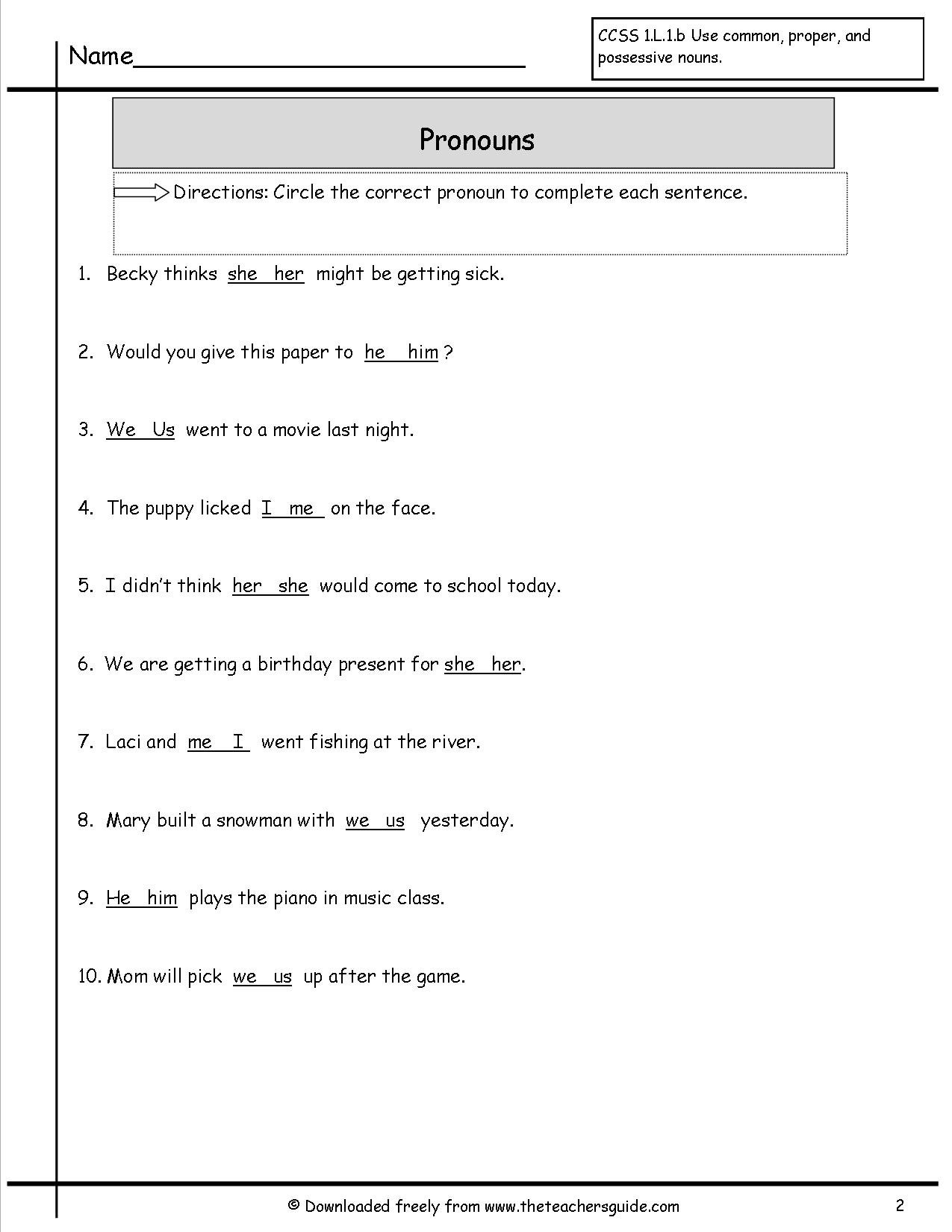 Pronouns Nouns Worksheets From The Teacher s Guide Within Nouns And 