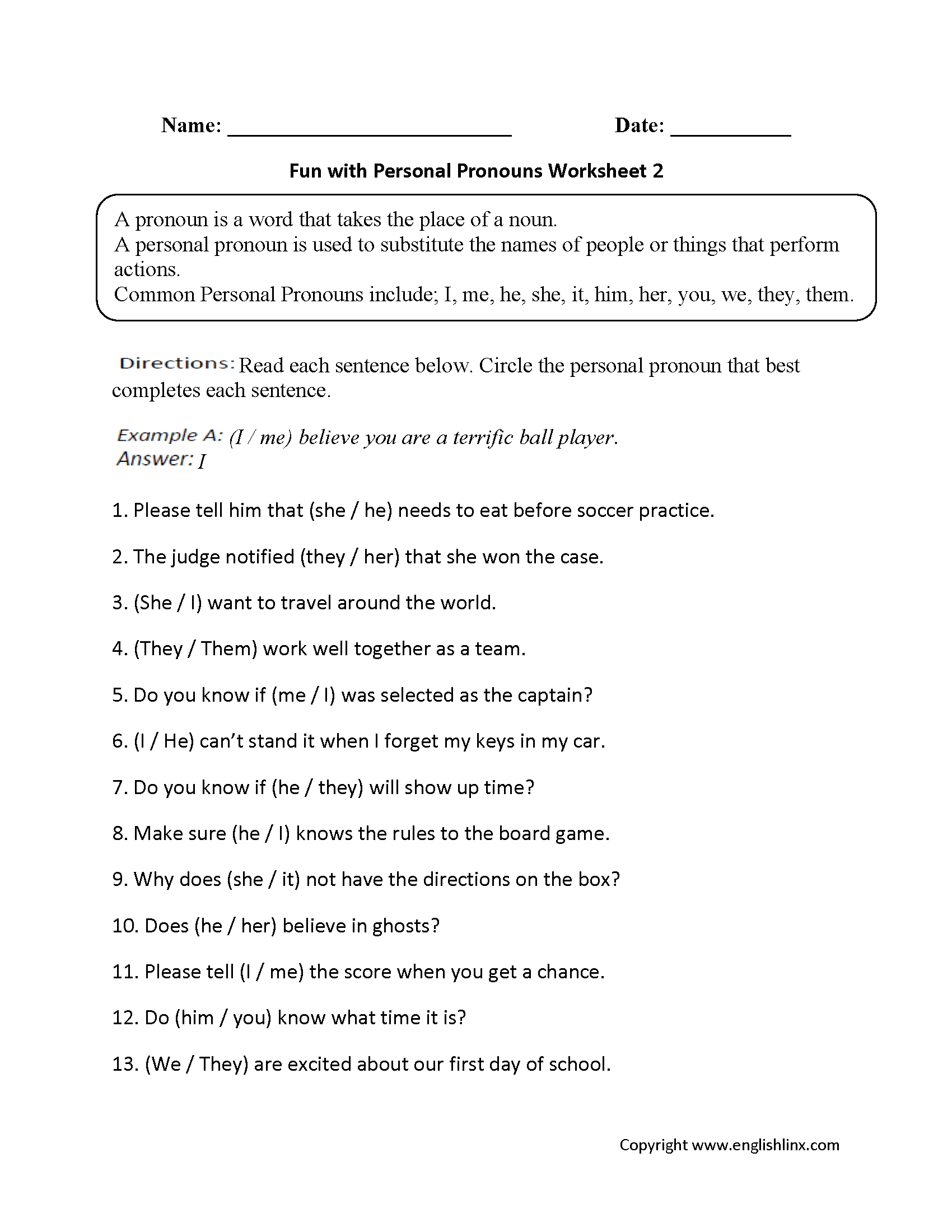 Pronouns Worksheets  Personal Pronouns Worksheets Throughout Pronoun Practice Worksheets