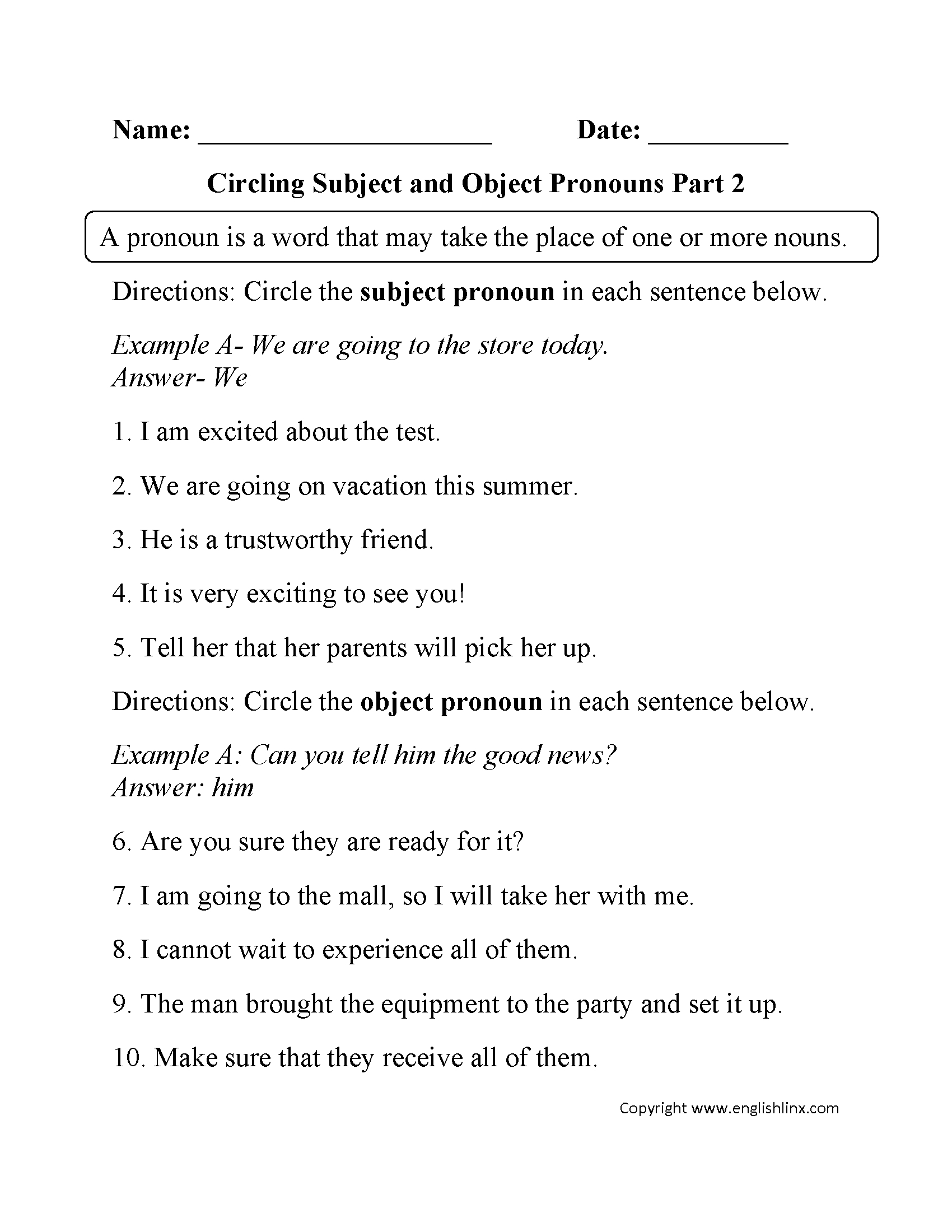 Pronouns Worksheets  Subject And Object Pronouns Worksheets For Subject Pronouns In Spanish Worksheet Answers
