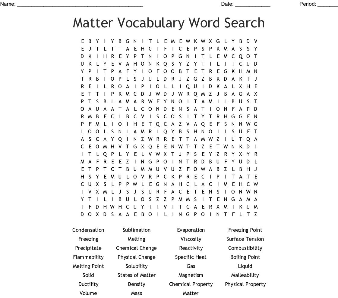 Properties And Changes Of Matter Word Search  Wordmint Throughout Search For Matter Vocabulary Review Worksheet Answers