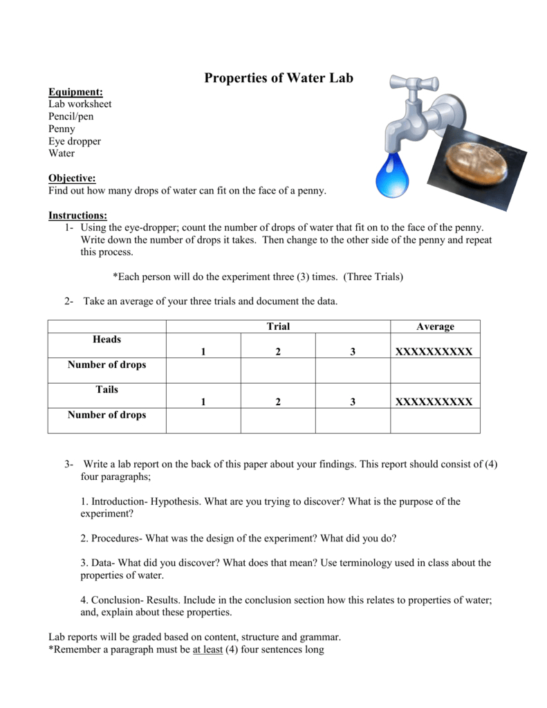 Properties Of Water Lab And Properties Of Water Worksheet