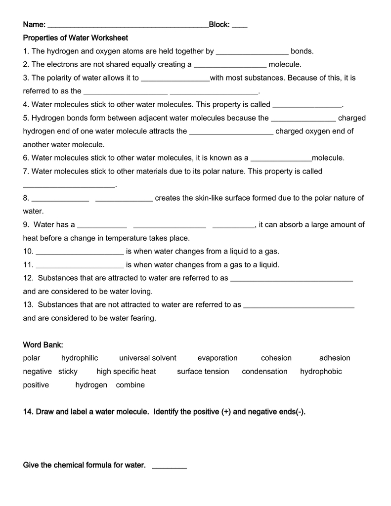 Properties Of Water Worksheet Together With Properties Of Water Worksheet Biology