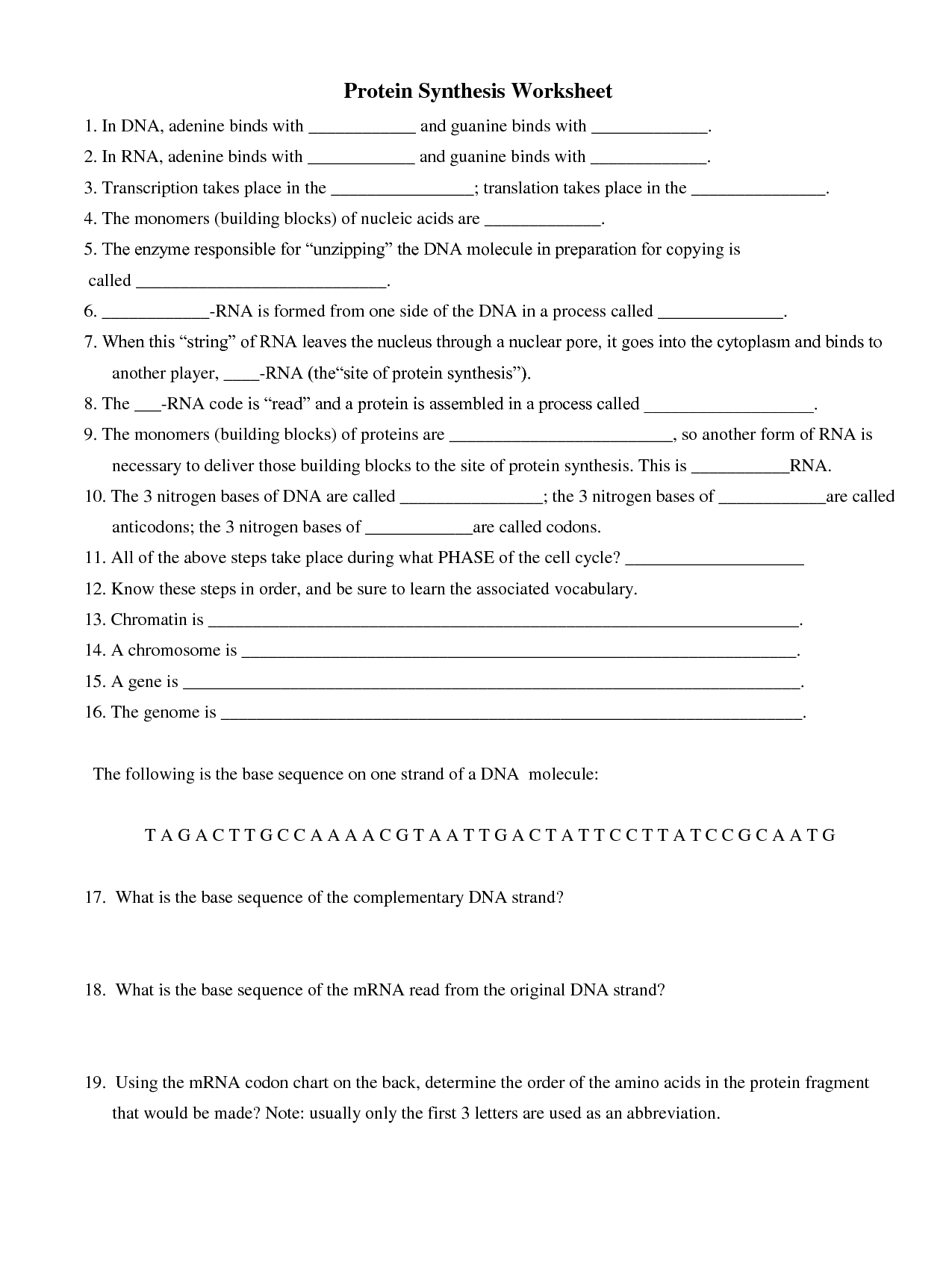 Protein Synthesis Worksheet Answer Key  Newatvs For Dna Amp Protein Synthesis Worksheet Answers