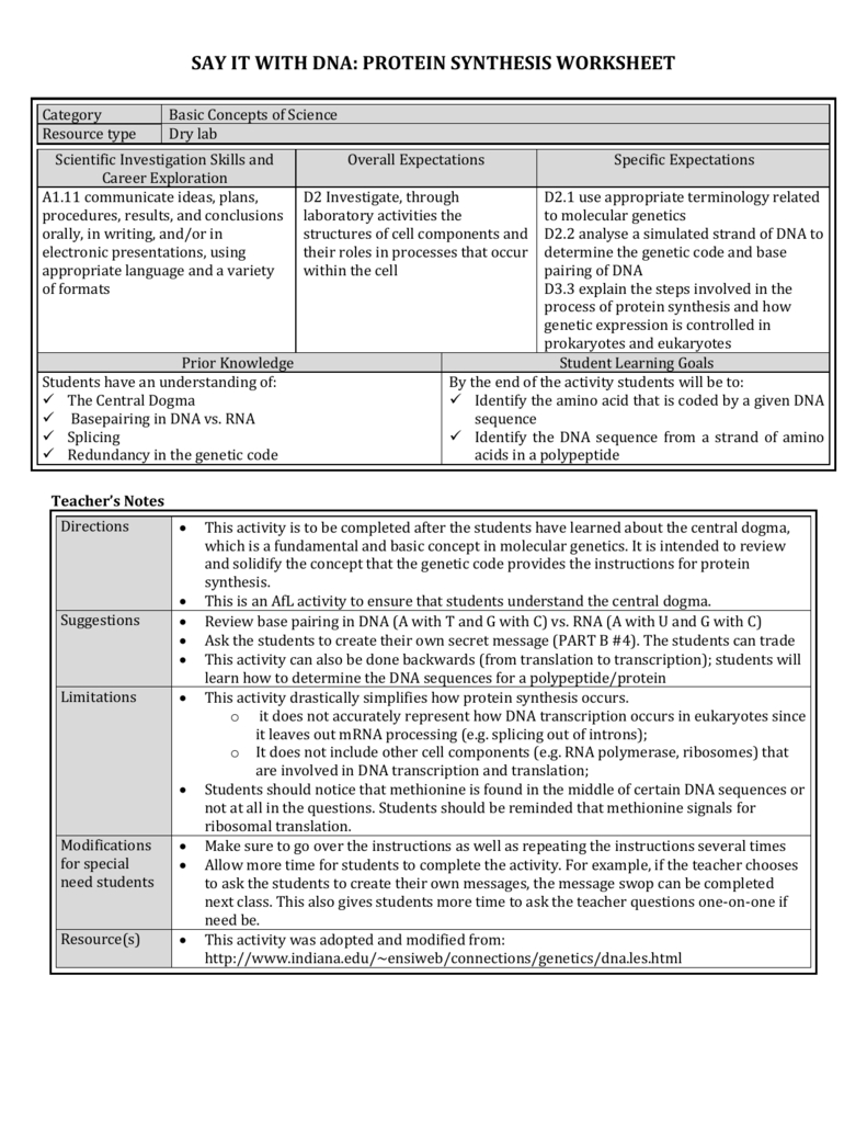 Protein Synthesis Worksheet  Molecularbiologyresource Throughout Dna And Protein Synthesis Worksheet Answers