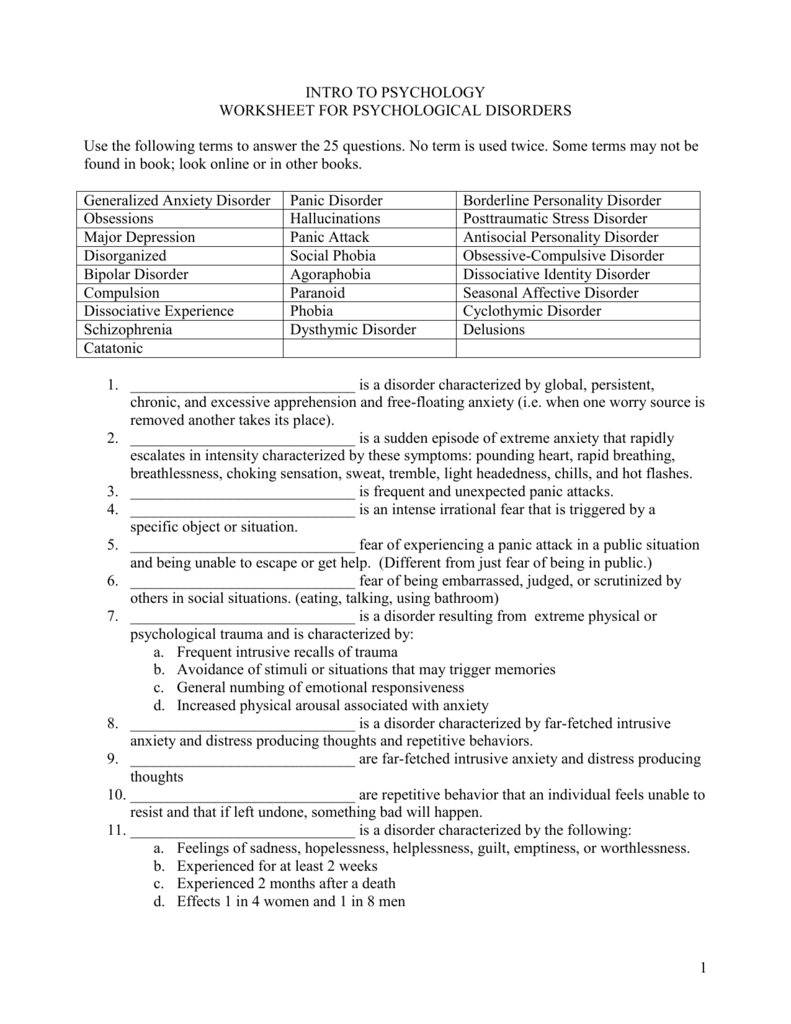 Psychological Disorders And Psychological Disorders Worksheet Answers