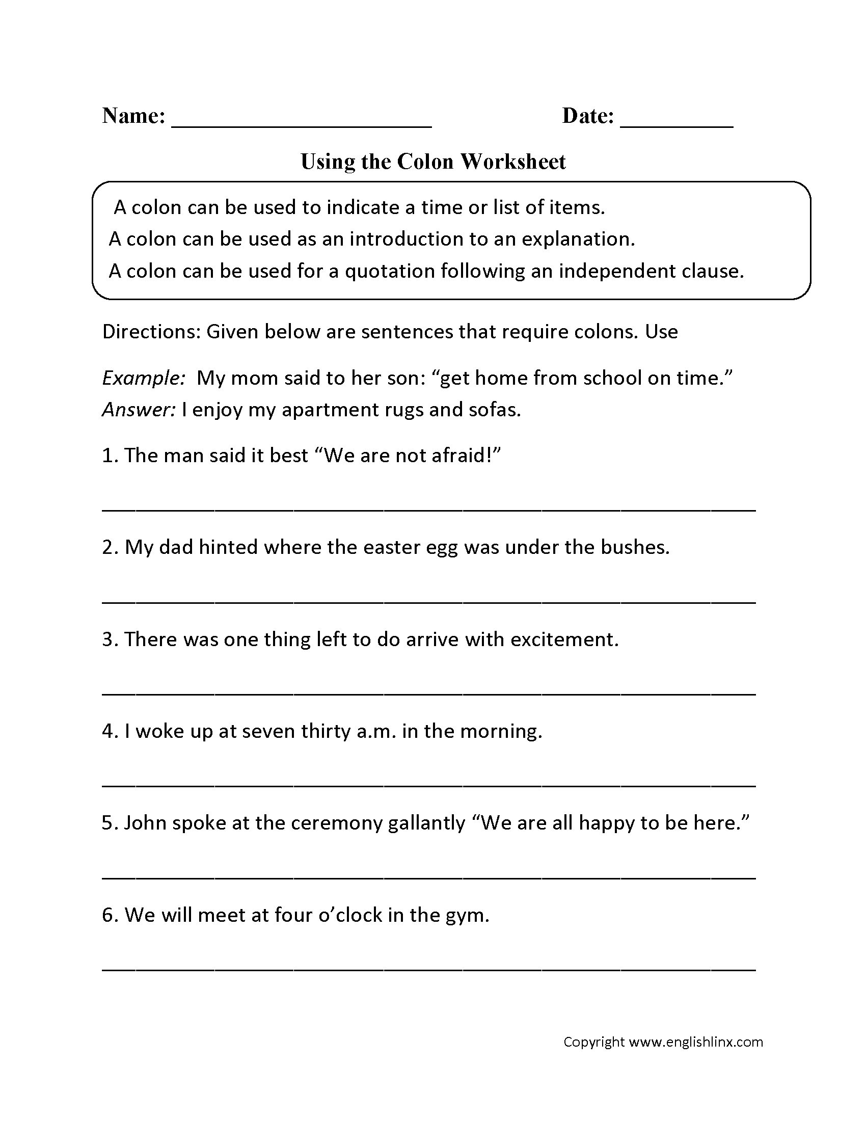 Punctuation Worksheets  Colon Worksheets For Semicolon And Colon Worksheet With Answers