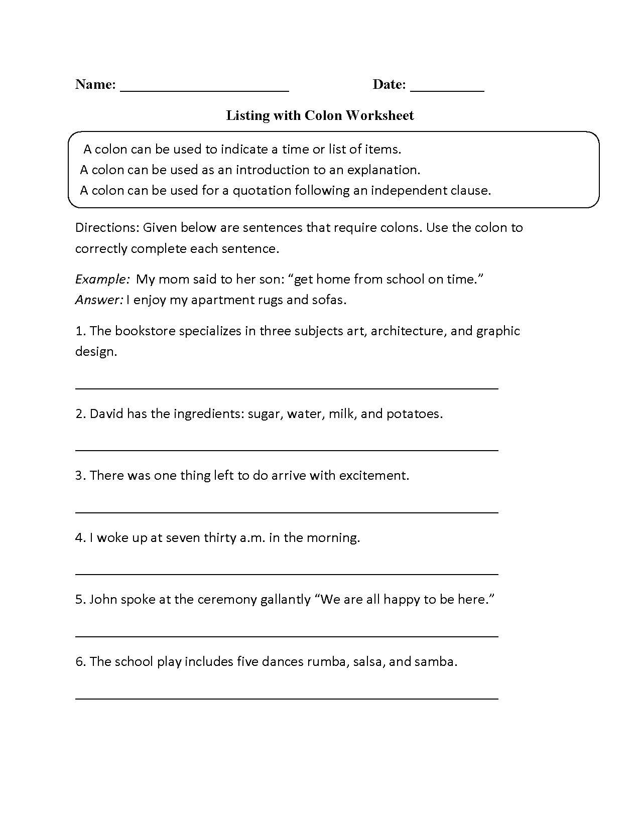 Punctuation Worksheets  Colon Worksheets With Regard To Semicolon And Colon Worksheet With Answers