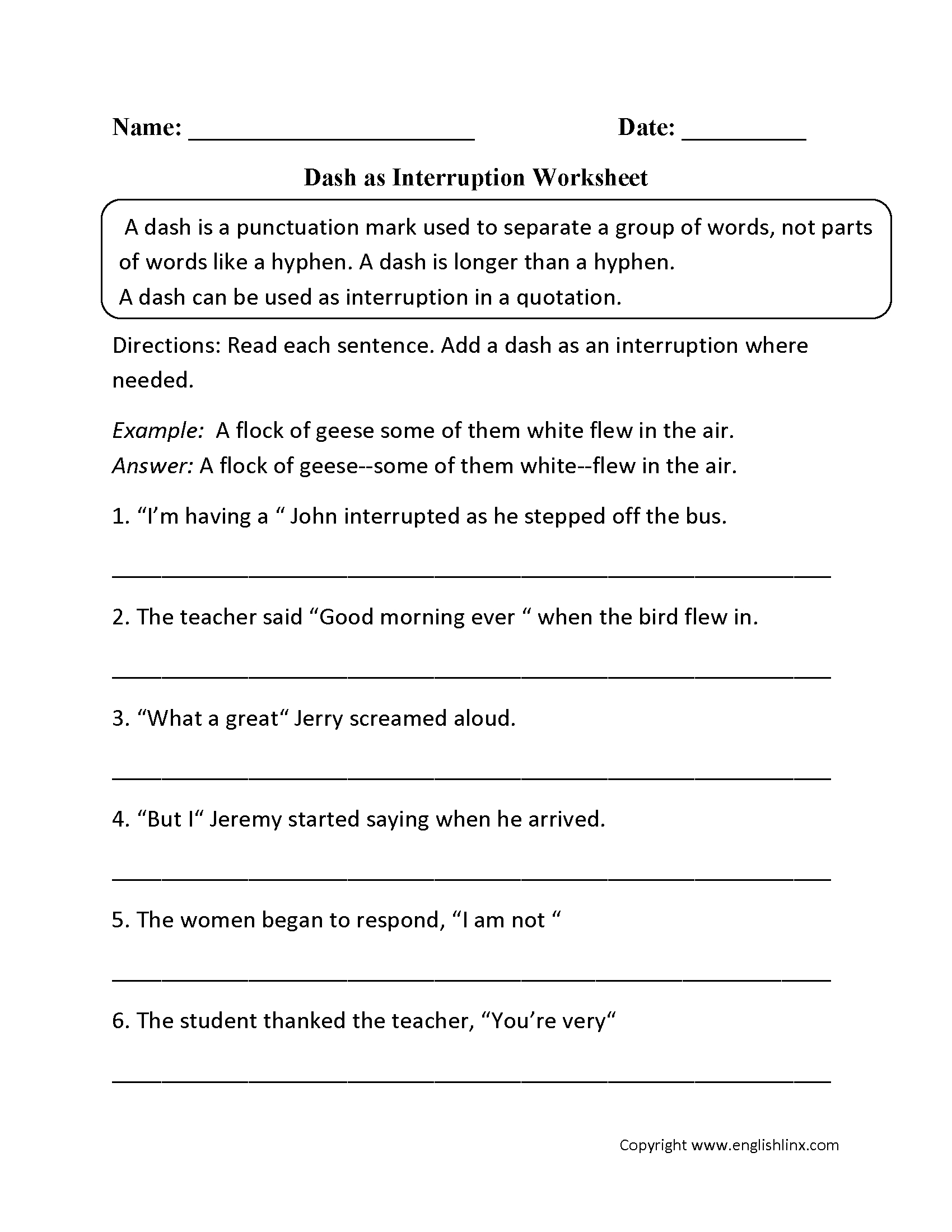 Punctuation Worksheets  Dash Worksheets As Well As Hyphens And Dashes Worksheet Answers