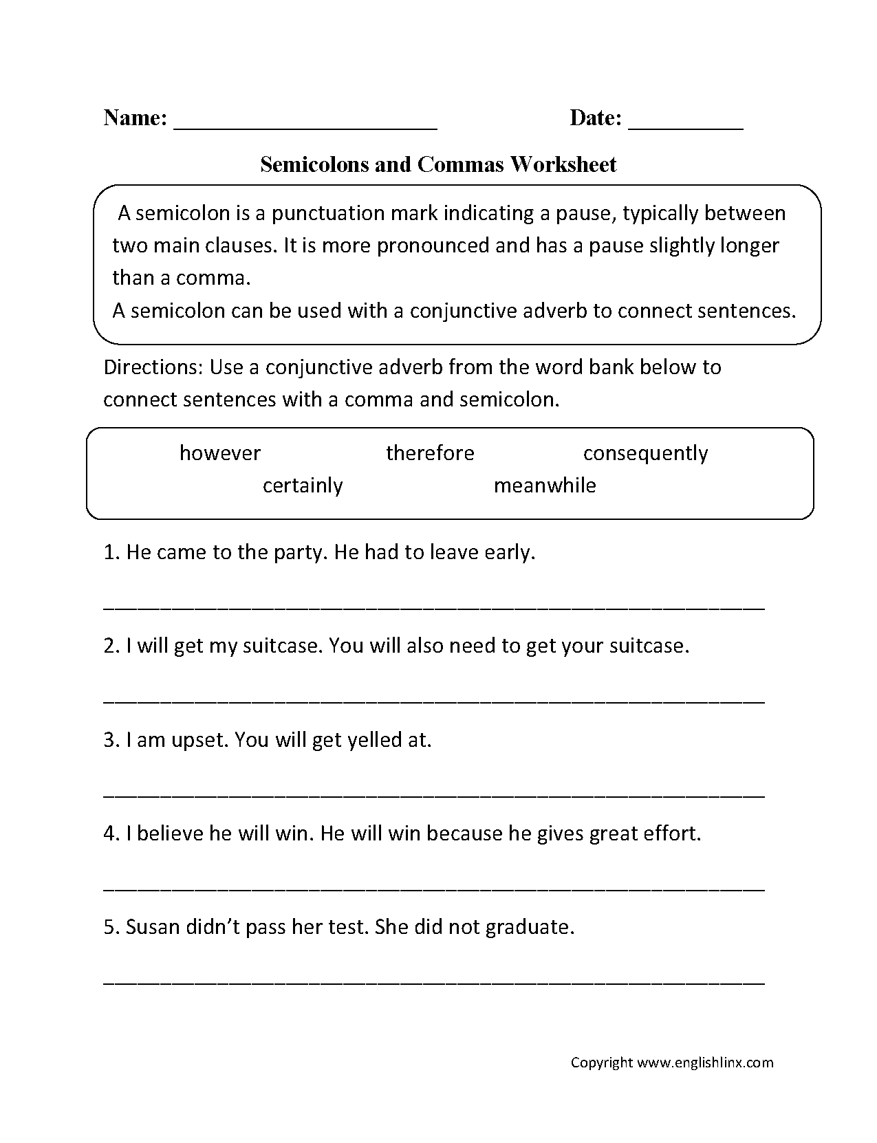 Punctuation Worksheets  Semicolon Worksheets And Commas Semicolons And Colons Worksheet
