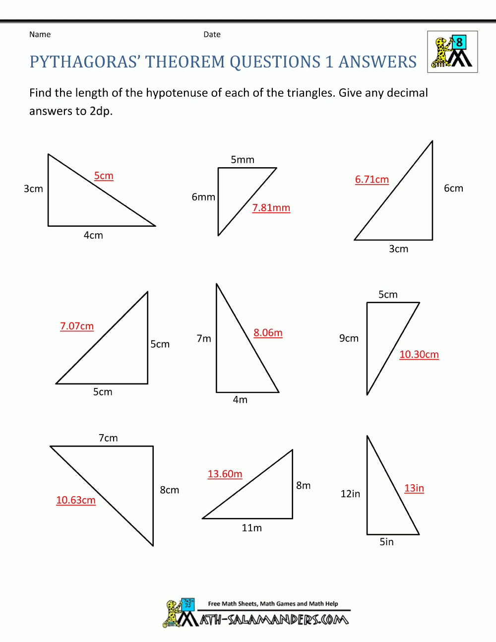 Pythagoras Theorem Questions Intended For Pythagorean Theorem Worksheet Answer Key