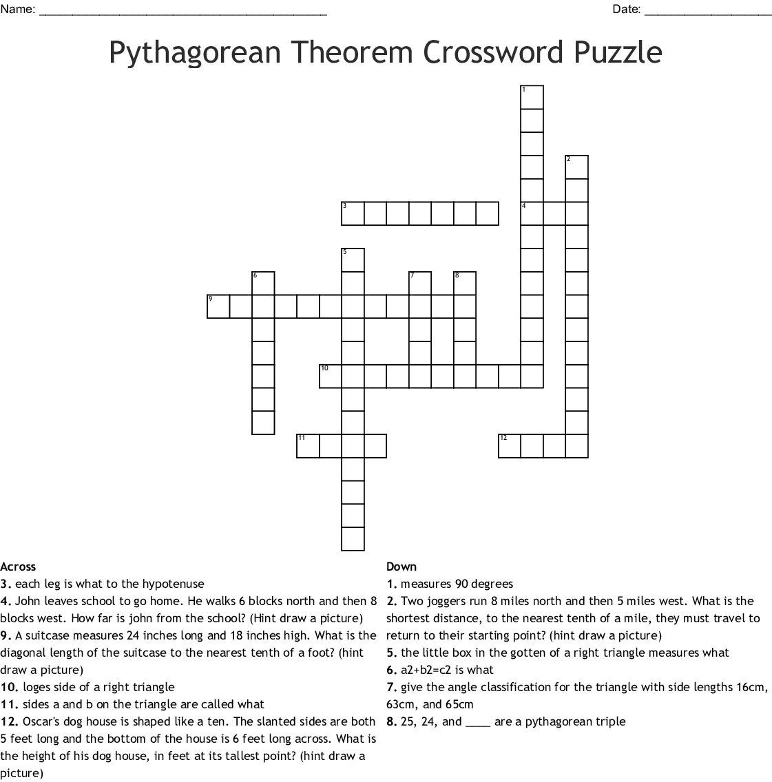 Pythagorean Theorem Crossword Puzzle  Wordmint Together With Pythagorean Puzzle Worksheet Answers