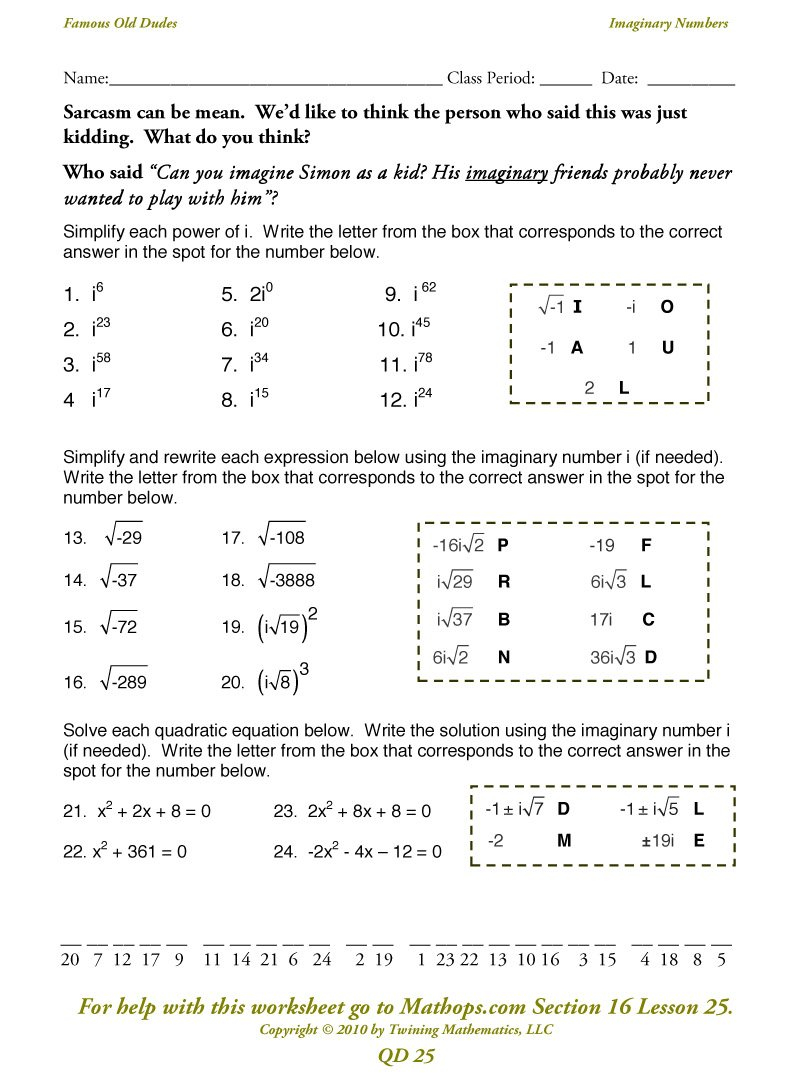 Qd 23 Imaginary Numbers  Mathops Regarding Complex Numbers Worksheet With Answer Key