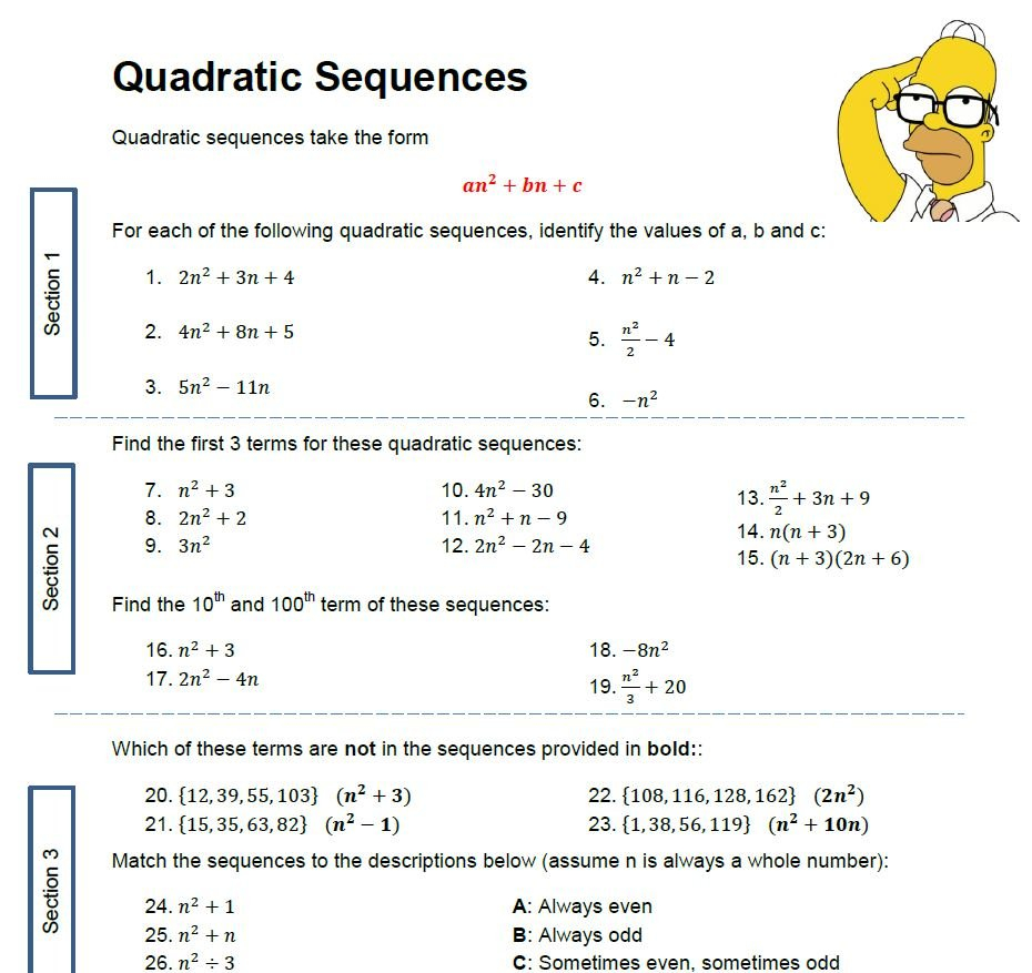 Quadratic Sequences Worksheet  Solve My Maths Throughout Quadratic Sequences Worksheet