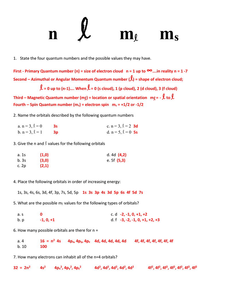 Quantum Numbers Worksheet As Well As Quantum Numbers Worksheet