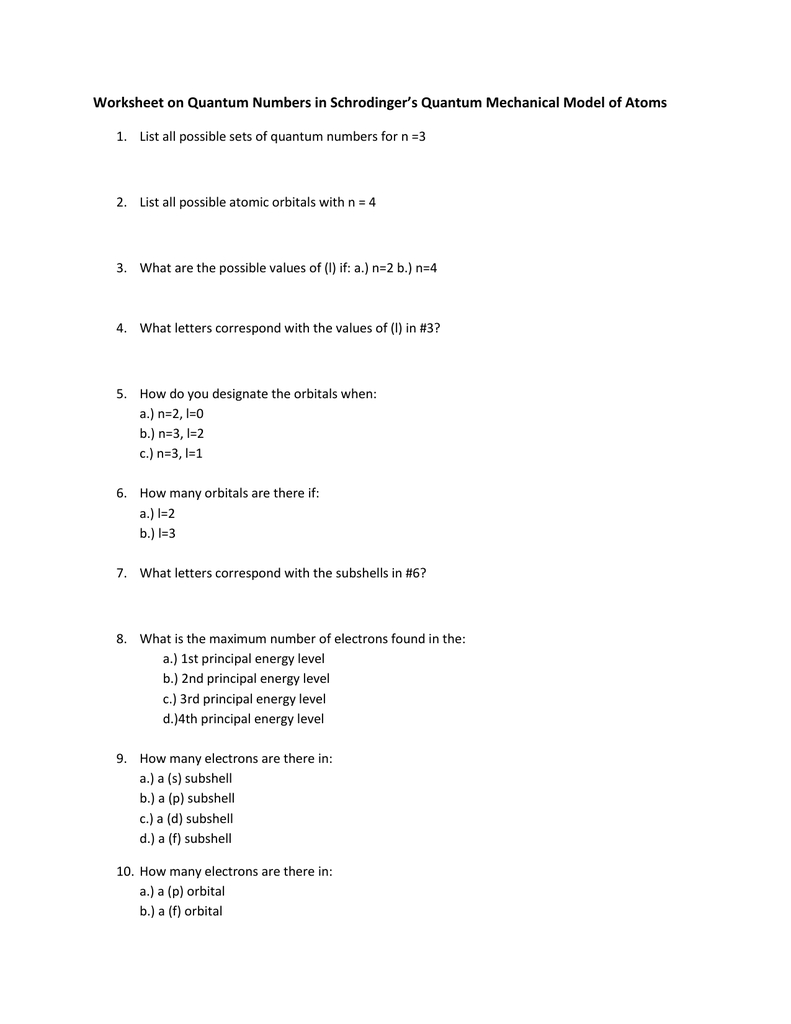 Quantum Numbers Worksheet I As Well As Quantum Numbers Worksheet