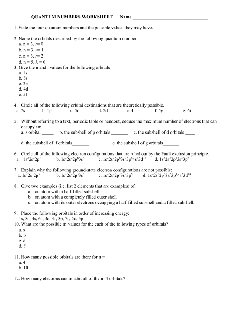 Quantum Numbers Worksheet Together With Quantum Numbers Worksheet