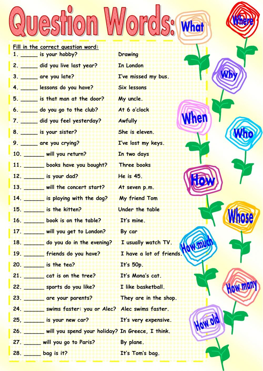 Question Words Interactive Worksheet For Question Words Worksheet
