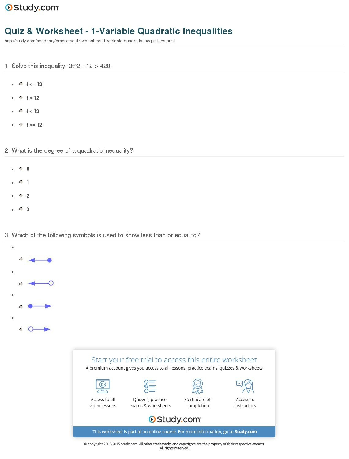 Quiz  Worksheet  1Variable Quadratic Inequalities  Study For Quadratic Inequalities Worksheet