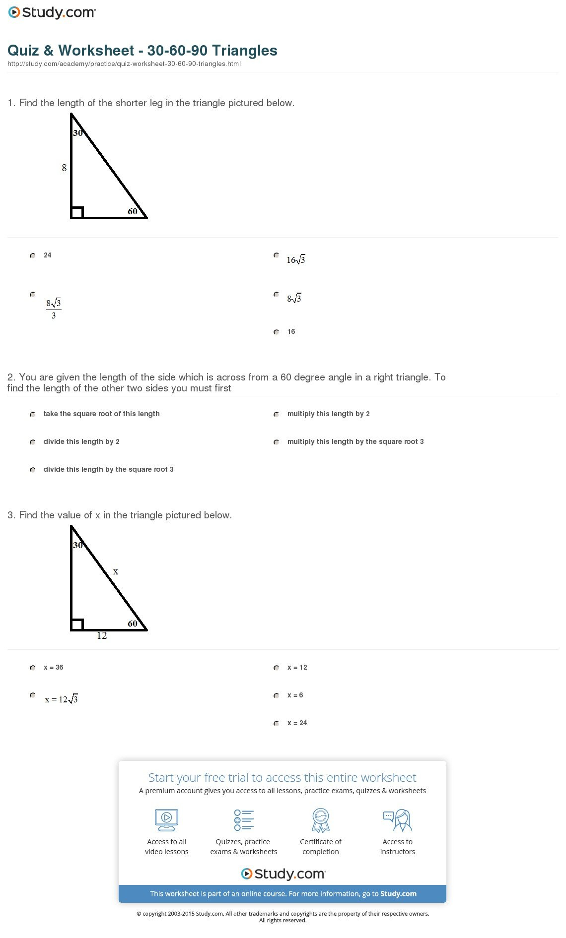 Quiz  Worksheet  306090 Triangles  Study For 30 60 90 Triangle Practice Worksheet With Answers