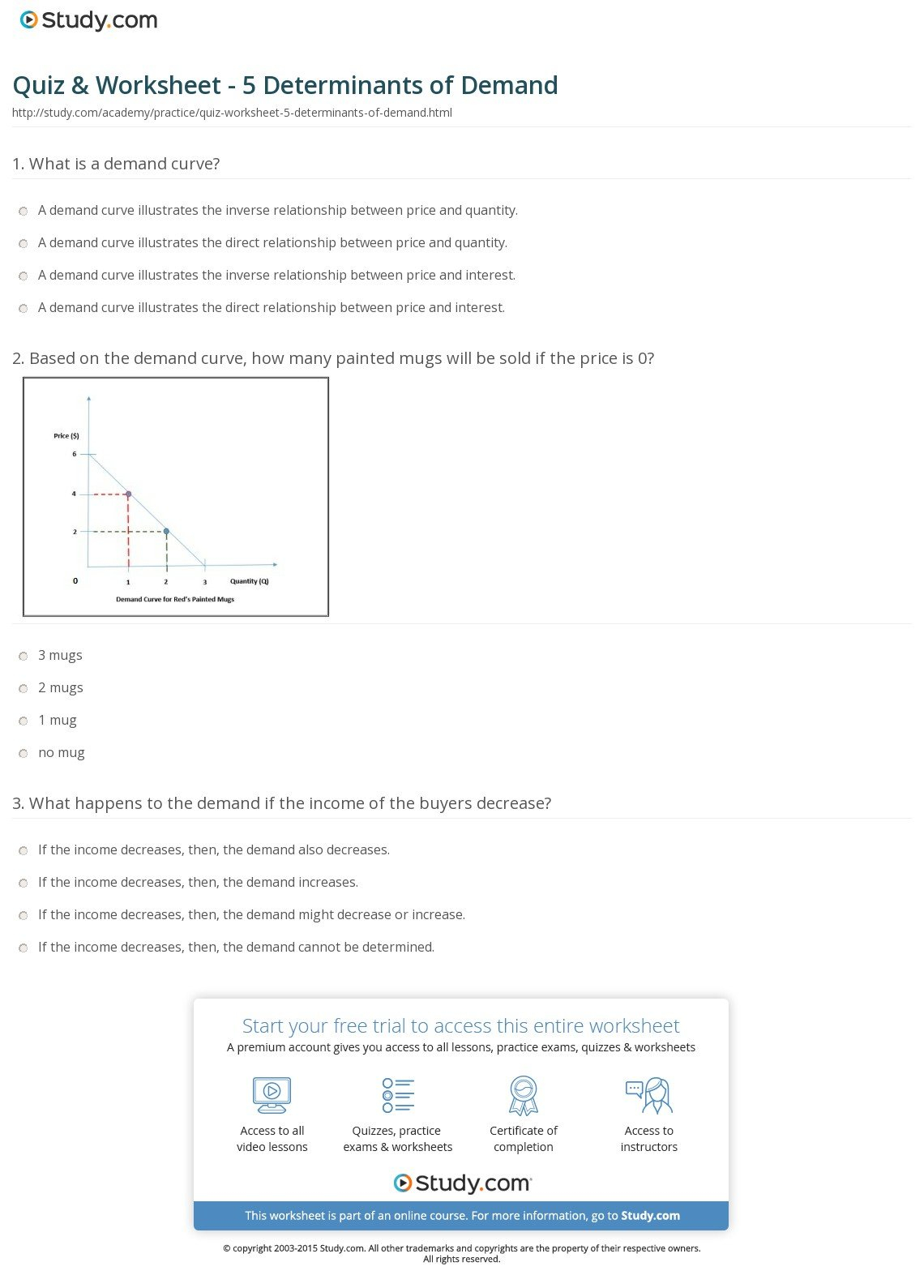 Quiz  Worksheet  5 Determinants Of Demand  Study Regarding Determinants Of Demand Worksheet Answers