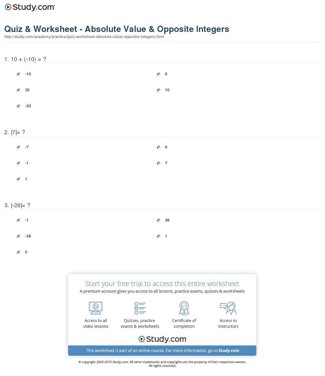 Quiz  Worksheet  Absolute Value  Opposite Integers  Study Or Writing Integers Worksheet