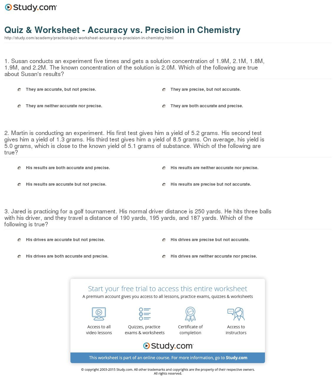 Quiz  Worksheet  Accuracy Vs Precision In Chemistry  Study Pertaining To Accuracy And Precision Worksheet
