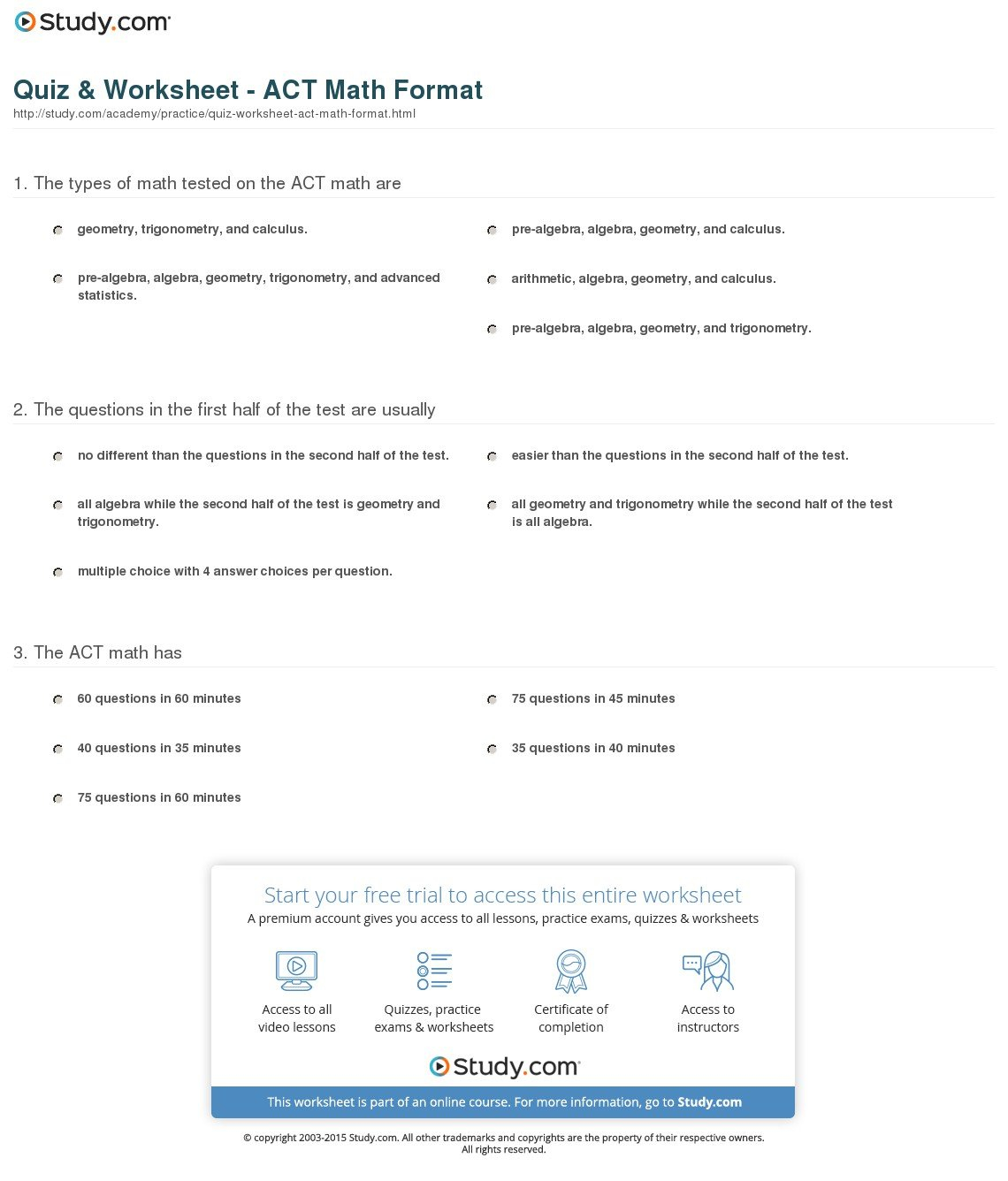 Quiz  Worksheet  Act Math Format  Study Pertaining To Act Math Worksheets