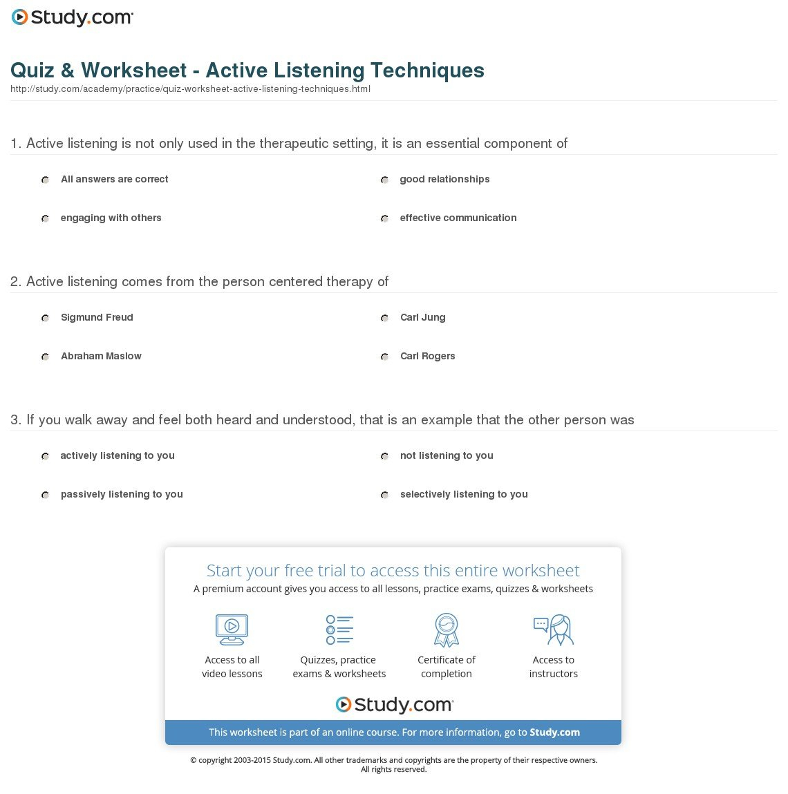 Quiz  Worksheet  Active Listening Techniques  Study Regarding Active Listening Worksheets