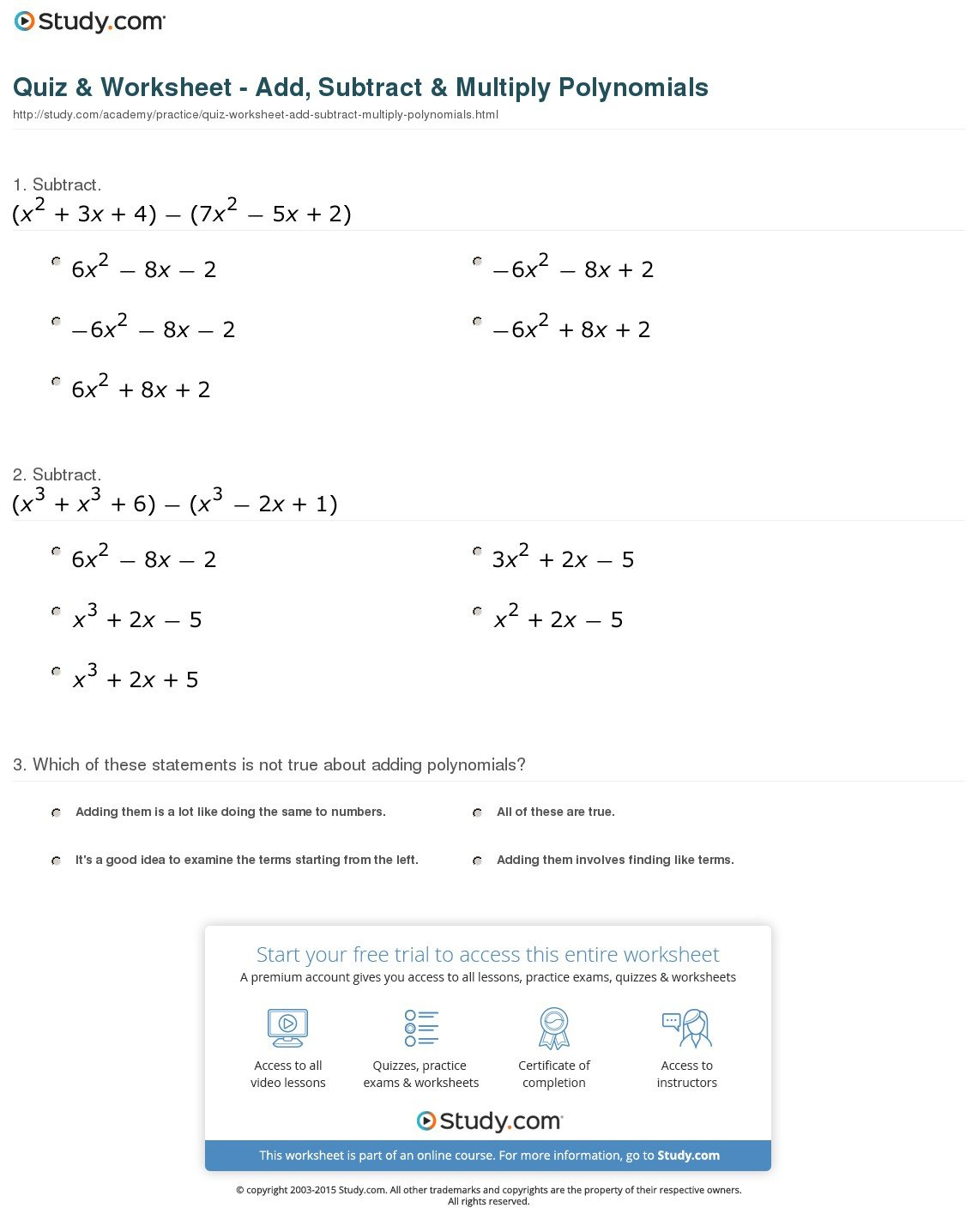 Quiz  Worksheet  Add Subtract  Multiply Polynomials  Study Or Polynomials Worksheet With Answers