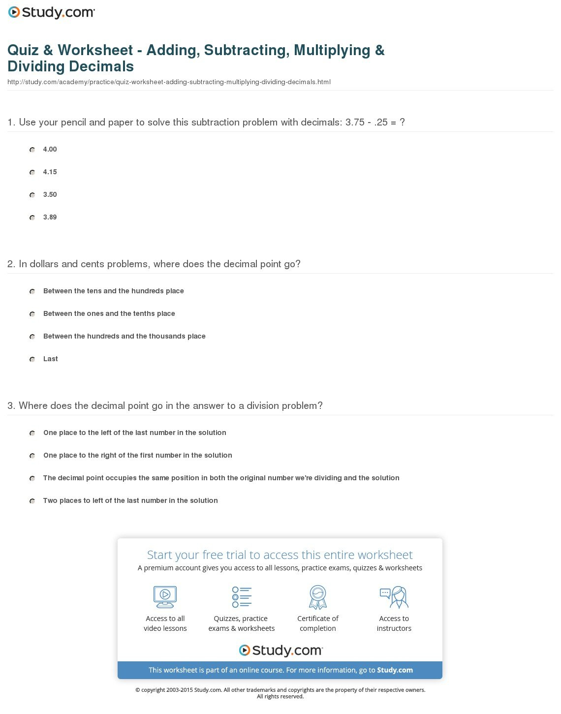 Quiz  Worksheet  Adding Subtracting Multiplying  Dividing Throughout Operations With Decimals Review Worksheet Answer Key