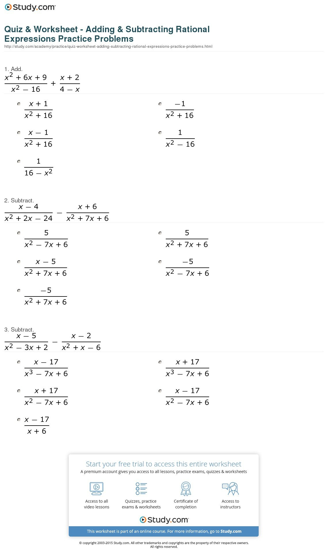 Quiz  Worksheet  Adding  Subtracting Rational Expressions Intended For Adding And Subtracting Rational Numbers Worksheet
