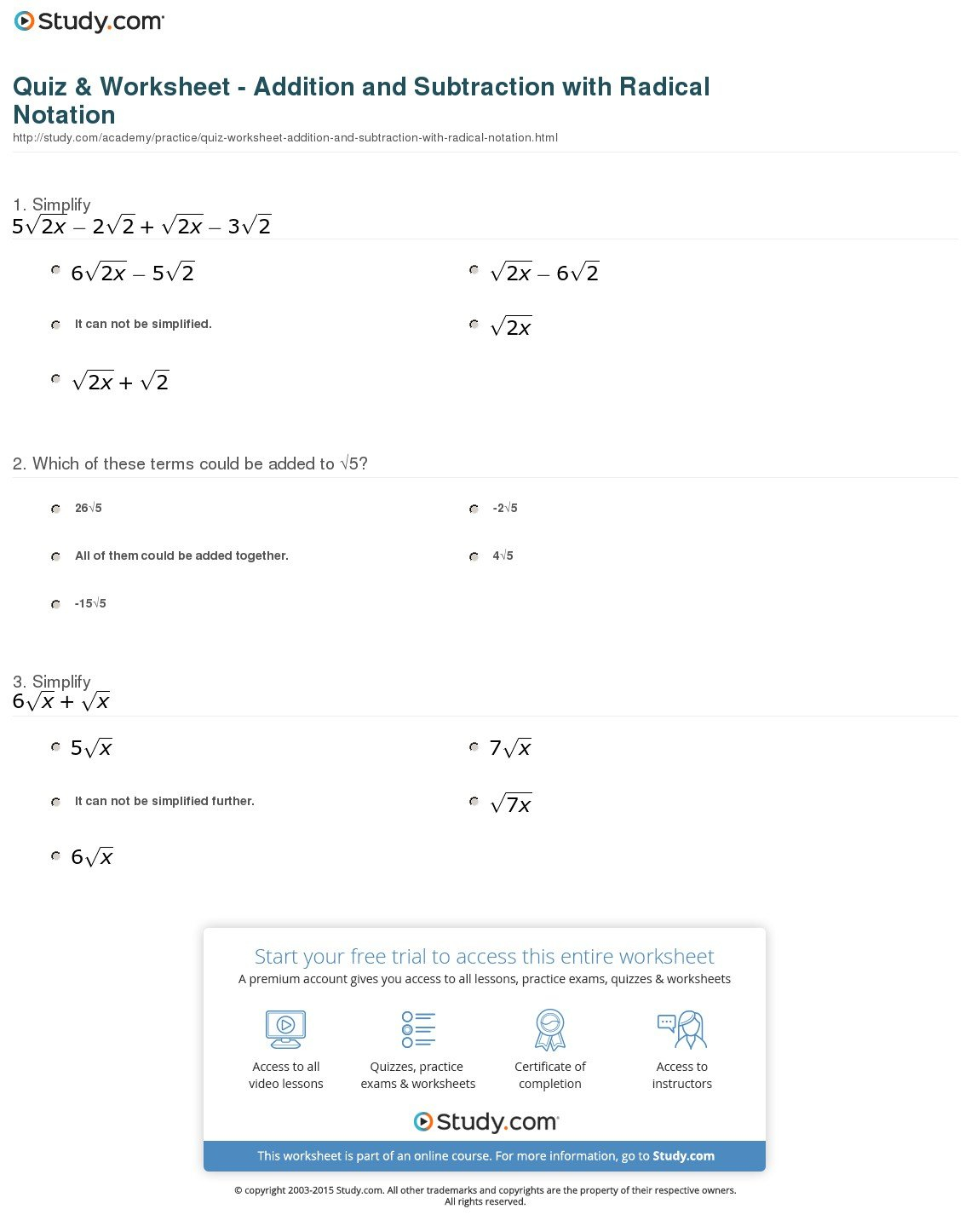 Quiz  Worksheet  Addition And Subtraction With Radical Notation With Solving Addition And Subtraction Equations Worksheets Answers
