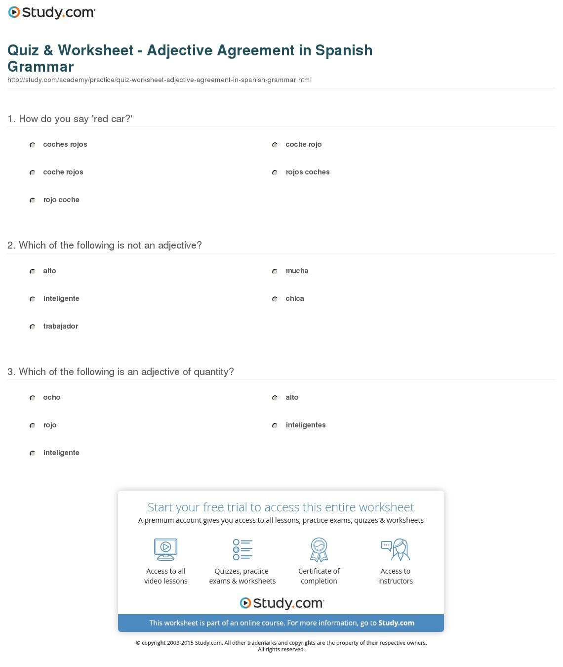 Quiz  Worksheet  Adjective Agreement In Spanish Grammar  Study Regarding Agreement Of Adjectives Spanish Worksheet Answers