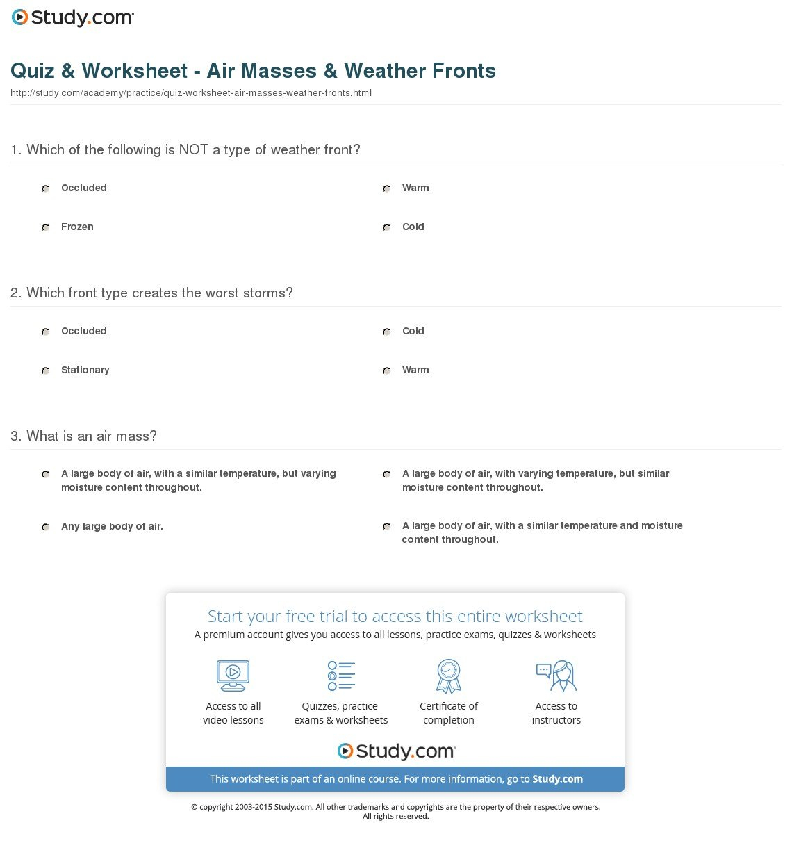 Quiz  Worksheet  Air Masses  Weather Fronts  Study Intended For Air Masses And Fronts Worksheet Answer Key