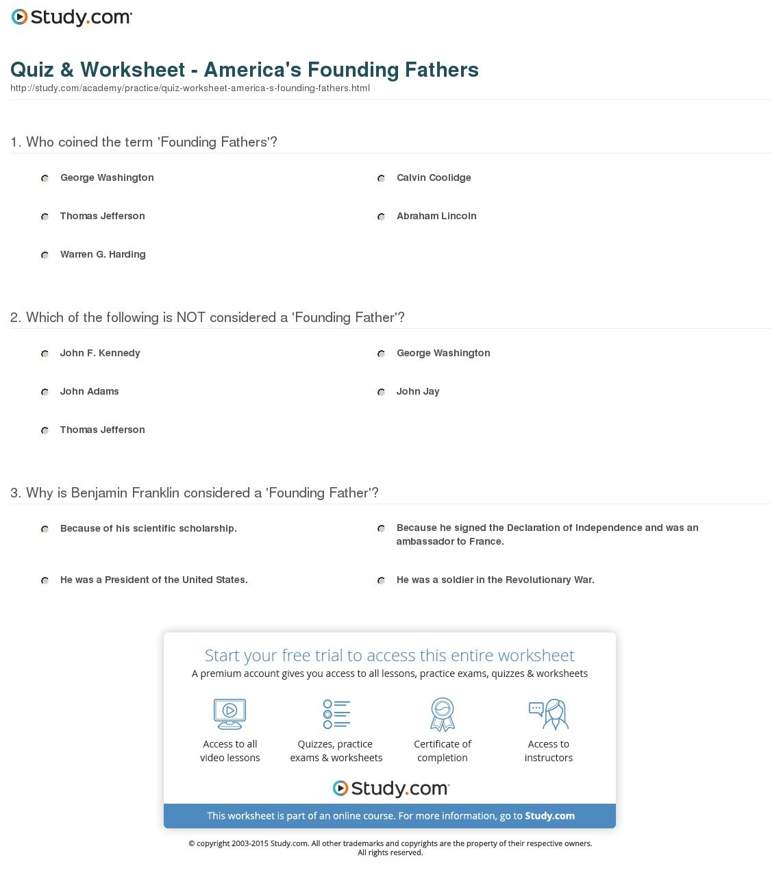 Quiz  Worksheet  America's Founding Fathers  Study For Constitution Usa Episode 1 Worksheet Answers