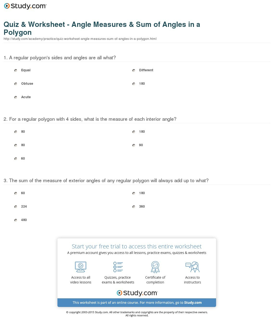 Quiz  Worksheet  Angle Measures  Sum Of Angles In A Polygon And Angles In Polygons Worksheet Answers
