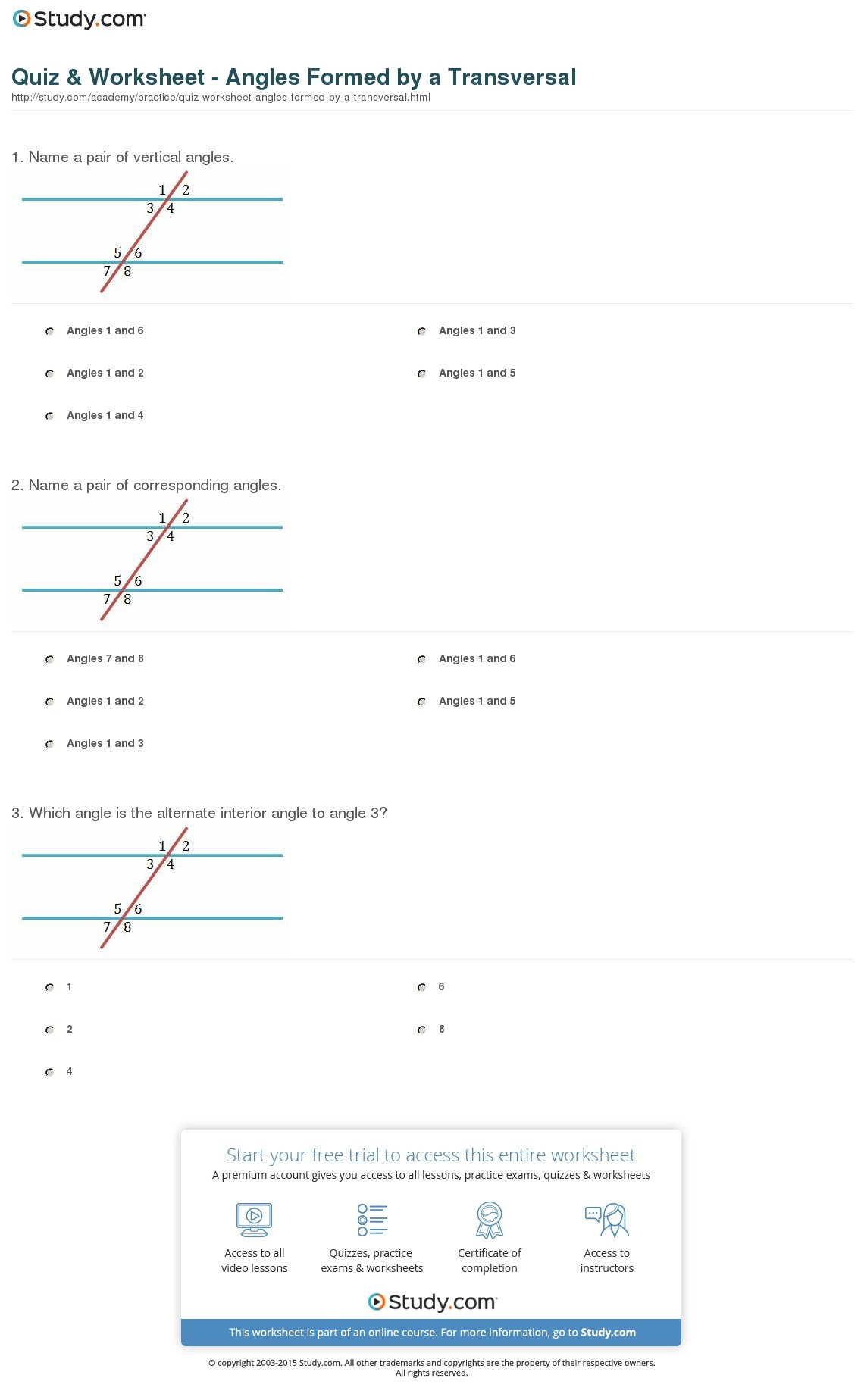 Quiz  Worksheet  Angles Formeda Transversal  Study For Angles In Transversal Worksheet Answer Key