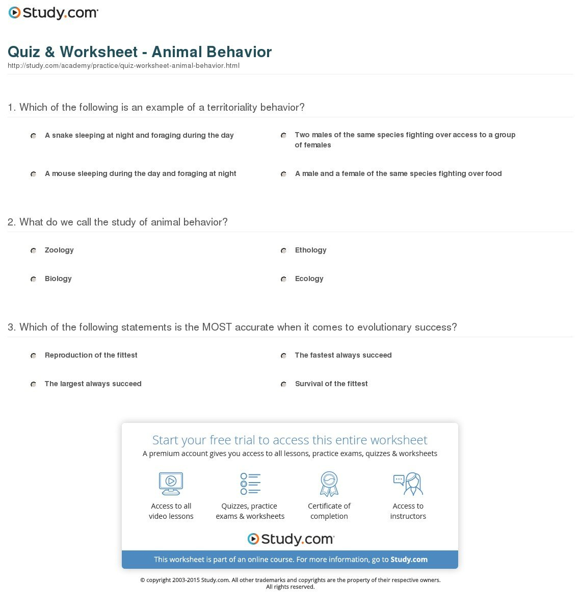 Quiz  Worksheet  Animal Behavior  Study Throughout Animal Behavior Worksheet